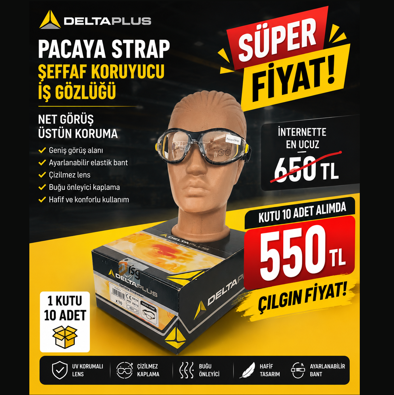 Delta Plus Pacaya Strap Şeffaf Koruyucu İş Gözlüğü (10 Adet)