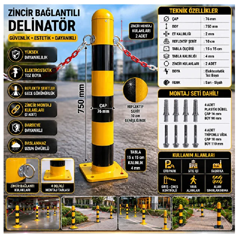 İsgokulu Zincir Bağlantılı ( Kulaklı ) Otopark Sabit Demir Duba Delinatör 75 cm 